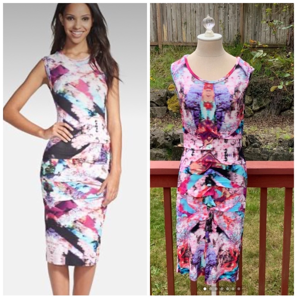 Nicole Miller Pink and Blue Ruched Sheath Dress